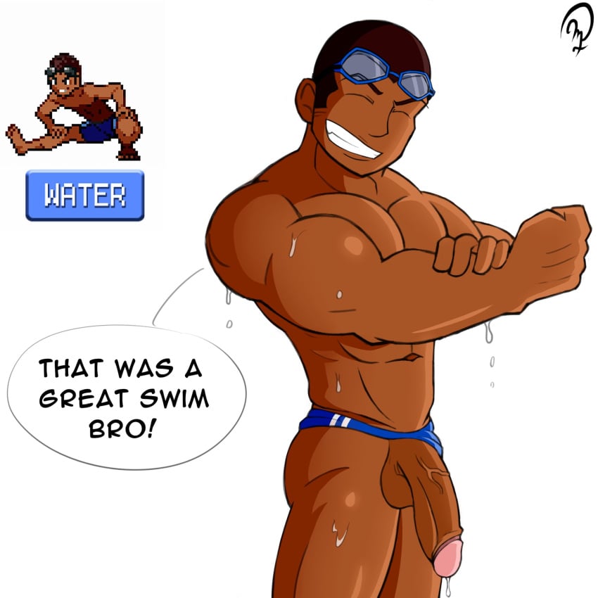 1boy arms biceps big_balls big_penis blue_speedo dark-skinned_male dripping makidotsukashi male_only muscular_male npc_trainer pecs penis_hanging pokemon smile solo_male speedo swimmer swimmer_(pokemon) toony wet