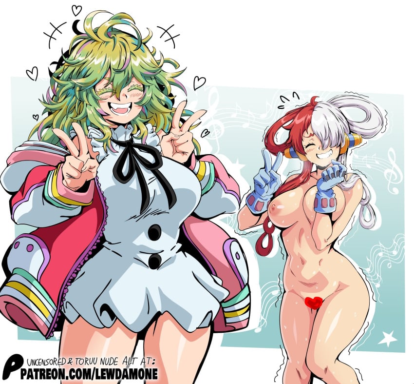 2girls alternate_costume boku_no_hero_academia changing_clothes crossover female female_only green_hair lewdamone multiple_girls my_hero_academia nazuka_kaori one_piece pubic_hair short_hair student teenager tooru_hagakure tooru_hagakure_(visible) two_tone_hair uta_(one_piece) voice_actor_connection white_hair