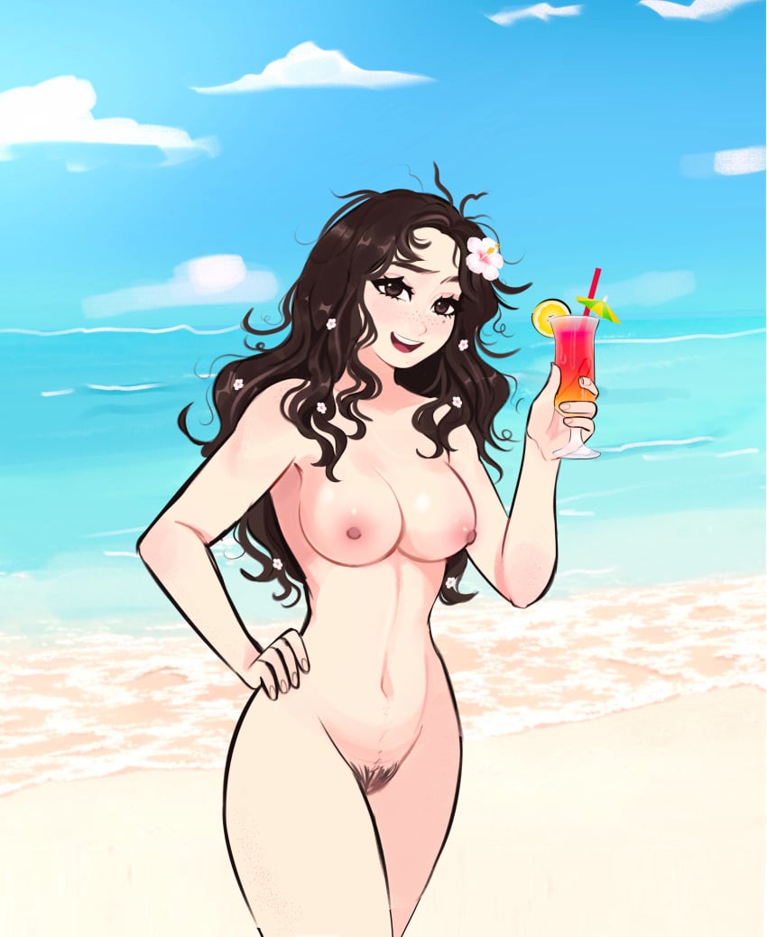 1girls beach beach_background breasts brown_hair cocktail color drink drinking_straw female flower_in_hair hexia_(miaormoa) jpeg lemon lemon_slice messy_hair miaormoa(artist) naked nude open_mouth original pubic_hair sand smile solo