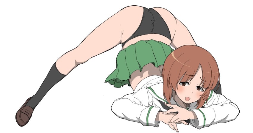 accidental_exposure ass black_neckerchief black_panties black_socks blush bob_cut brown_eyes brown_footwear brown_hair commentary_request embarrassed female flexible girls_und_panzer green_skirt henyaan_(oreizm) highres jack-o'_challenge kneehighs loafers long_sleeves looking_at_viewer miniskirt neckerchief nishizumi_miho ooarai_school_uniform open_mouth panties parted_bangs pleated_skirt sailor_collar school_uniform serafuku shirt shoes short_hair skirt skirt_flip socks solo spread_legs top-down_bottom-up underwear uniform white_sailor_collar white_shirt