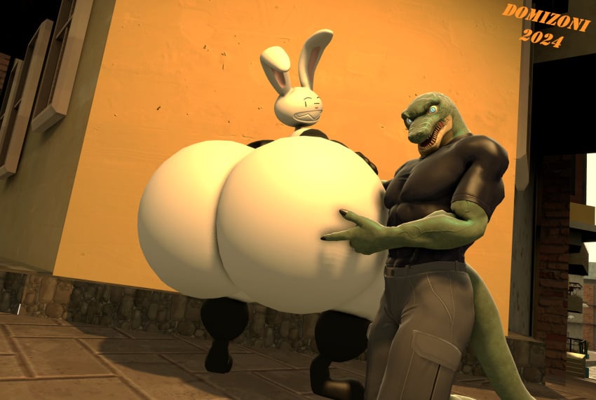 2024 3d_(artwork) anthro ass big_butt bottomwear clothing digital_media_(artwork) domizoni duo gesture hand_gesture hi_res huge_butt hyper hyper_butt lagomorph leporid lizard lizard_(petruz) looking_at_viewer male male/male mammal max_(sam_and_max) muscular muscular_anthro muscular_male open_mouth pants pointing pointing_at_butt rabbit reptile sam_and_max scalie shirt smile source_filmmaker_(artwork) topwear