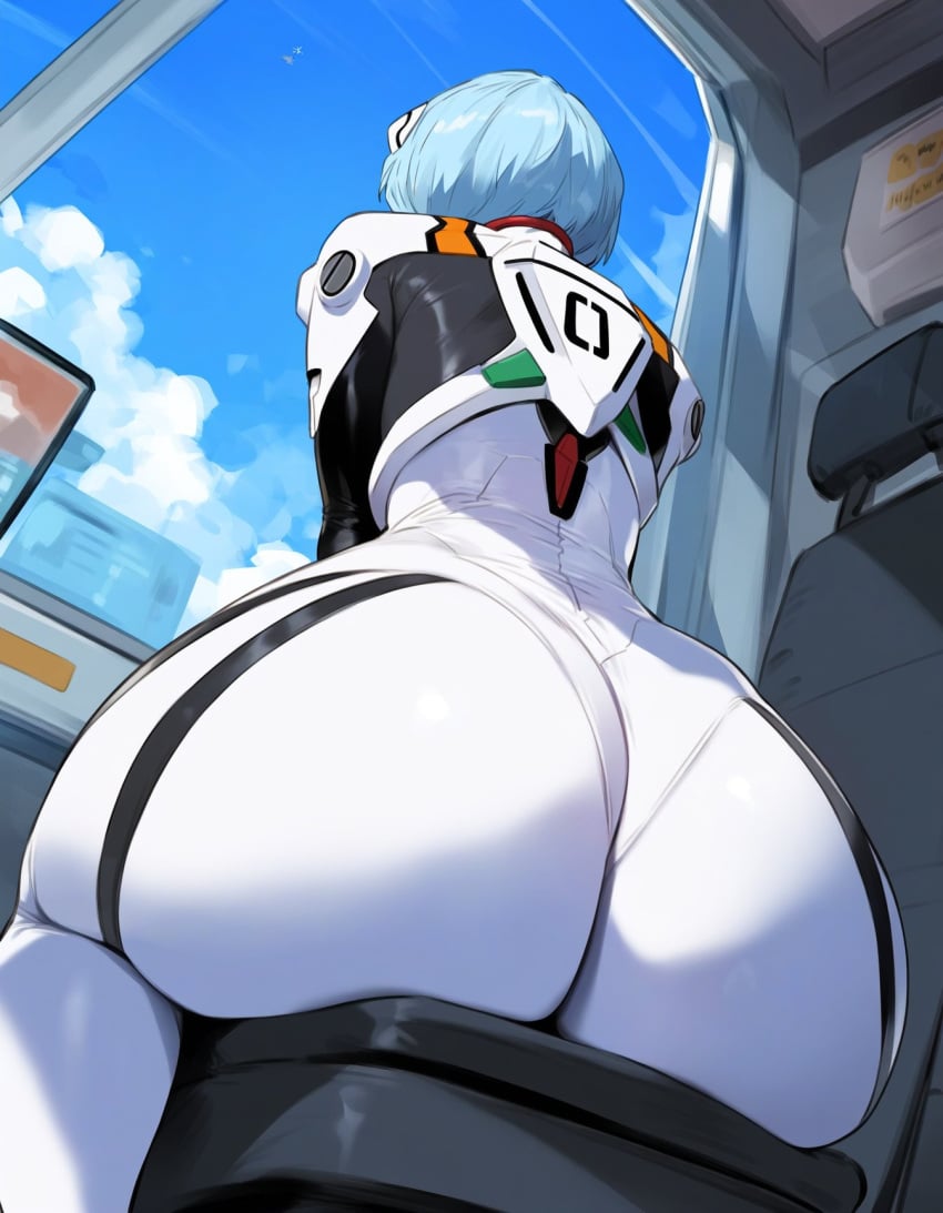 1girls ai_generated ass ass_focus ayanami_rei blue_hair breasts cutesexyrobutts_(style) female human lucyla neon_genesis_evangelion pale-skinned_female pale_skin pilot_suit plugsuit rei_ayanami short_hair sitting thick_thighs voluptuous