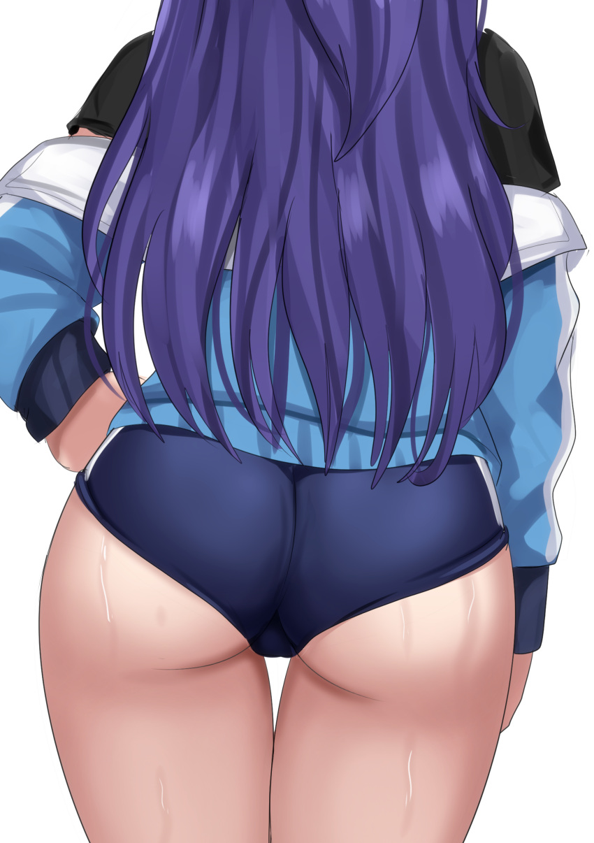 absurdres arm_at_side ass black_shirt blue_archive blue_buruma buruma close-up commentary drie female from_behind gym_uniform hand_on_own_hip highres jacket letterman_jacket long_hair long_sleeves purple_hair shirt simple_background solo straight_hair sweat thigh_gap thighs white_background yuuka_(blue_archive) yuuka_(track)_(blue_archive)