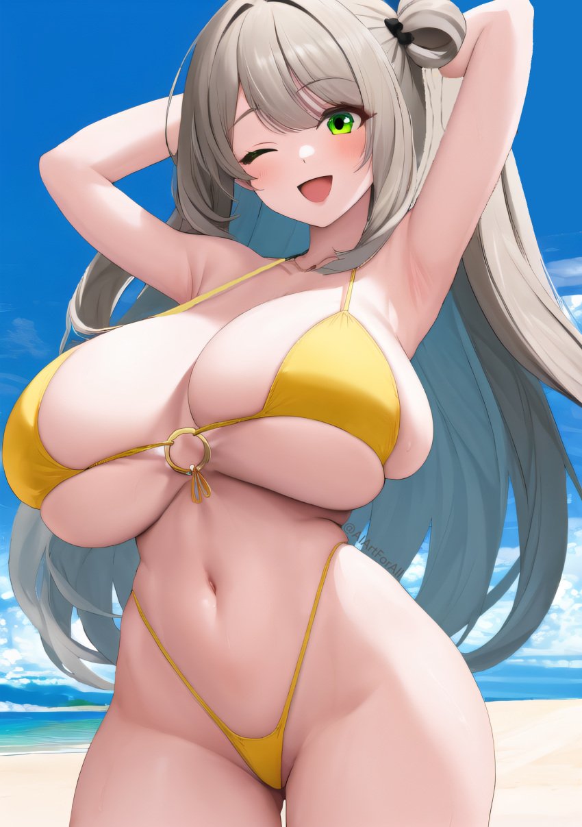 :d ai_generated aiartforall arms_behind_head beach bikini blonde_hair blue_archive cowboy_shot green_eyes huge_breasts large_breasts long_hair looking_at_viewer navel nonomi_(blue_archive) nonomi_(swimsuit)_(blue_archive) one_eye_closed skindentation thighs thong