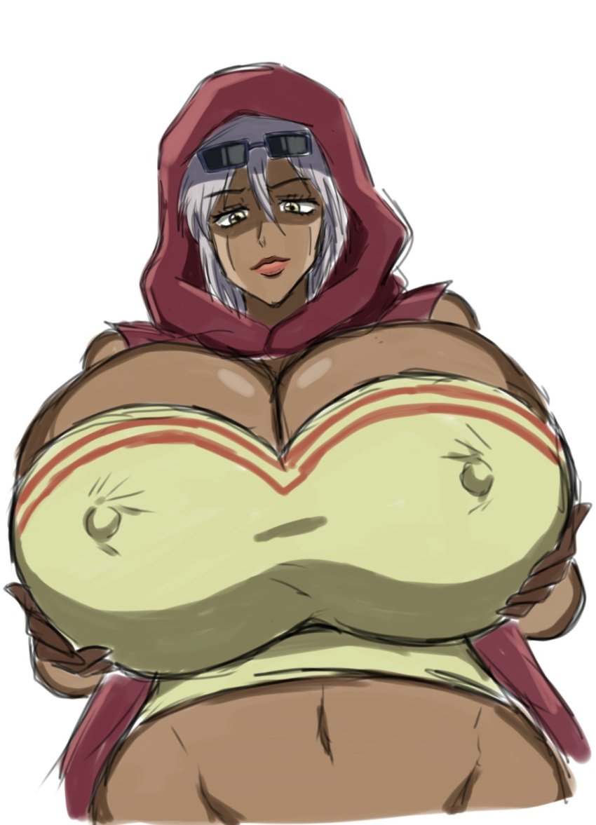 1girls big_breasts breasts cleavage clothed clothing dark-skinned_female dark_skin female huge_breasts human hyper_breasts jojo's_bizarre_adventure lips mariah_(jjba) momiji_(artist) momijizx nipple_bulge red_hood short_hair shounen_jump solo stardust_crusaders villainess white_background white_hair