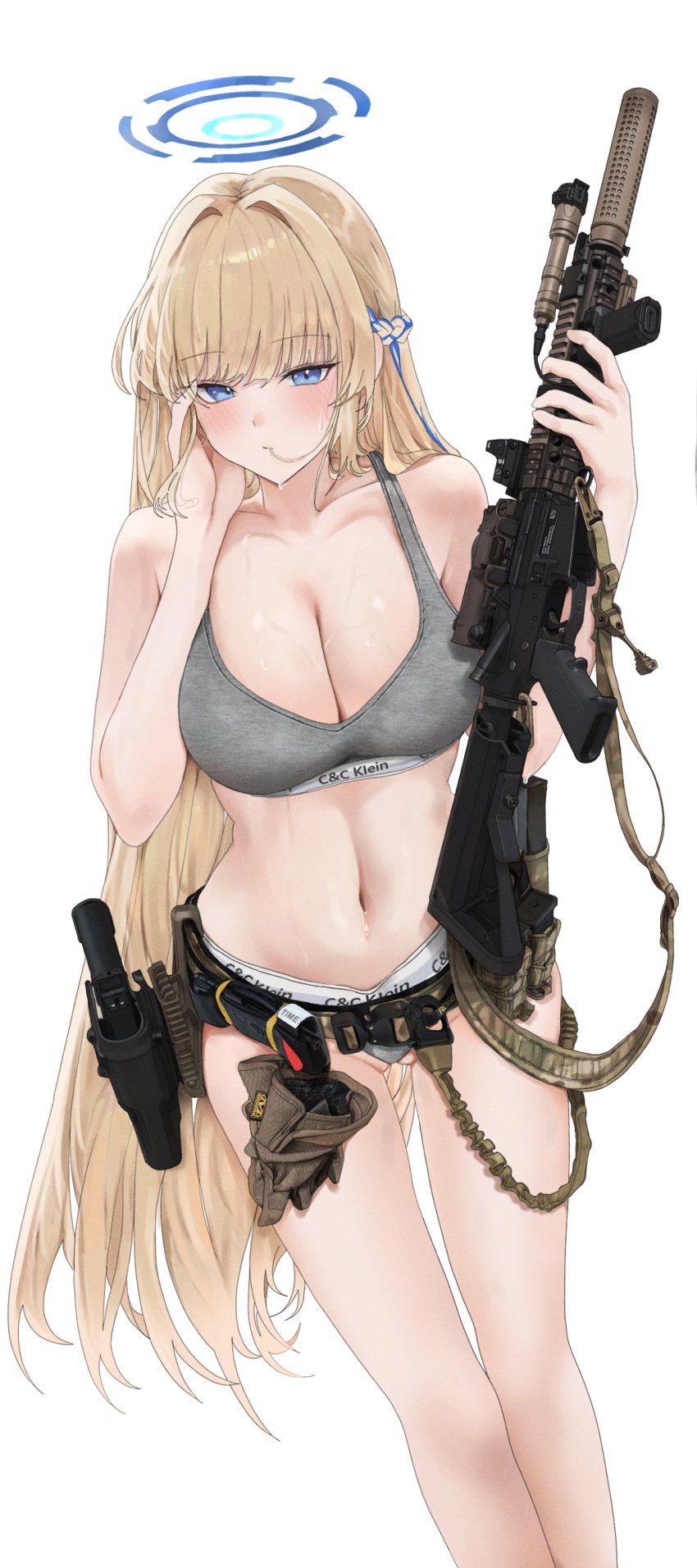 absurdres blonde_hair blue_archive blue_eyes blue_hair blue_halo blush bra braid brand_name_imitation breasts calvin_klein cleaning_&_clearing_(blue_archive) cleavage closed_mouth collarbone feet_out_of_frame female fte_(fifteen_199) grey_panties grey_sports_bra gun halo highres holding holding_gun holding_weapon large_breasts long_hair multicolored_hair navel panties revision simple_background solo sports_bra streaked_hair toki_(blue_archive) underwear weapon white_background