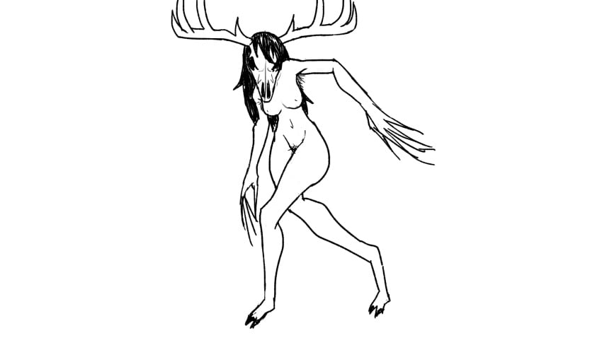 akar1 animal_head antlers black_and_white cobblestun monster monster_girl nude skull skull_head tagme wendigo