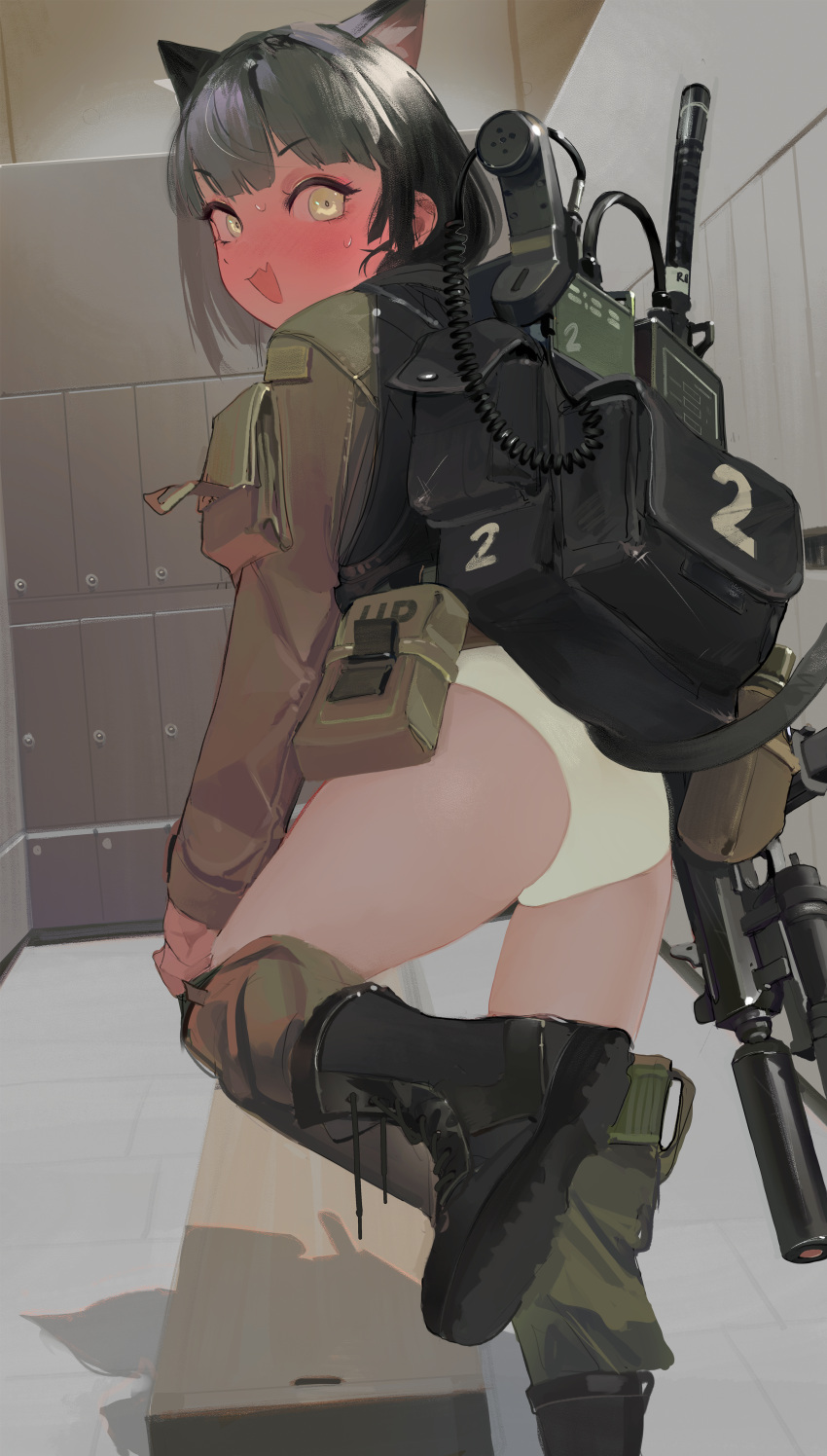 absurdres animal_ears ass backpack bag black_footwear black_hair blush boots brown_jacket cat_ears cat_girl commentary english_commentary female green_pants gun highres holding holding_gun holding_weapon indoors jacket locker locker_room looking_at_viewer looking_back military military_uniform original panties pants polilla short_hair solo sweat underwear undressing uniform weapon white_panties yellow_eyes