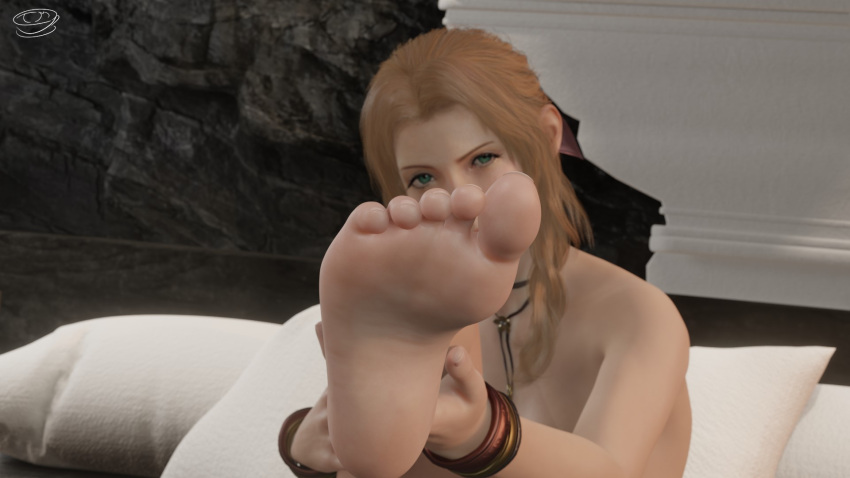 3d aerith_gainsborough blender bracelet feet final_fantasy final_fantasy_vii final_fantasy_vii_remake foot_fetish foot_focus holding_leg looking_at_viewer necklace nude nude_female pov_feet solo_female tira-misu toes