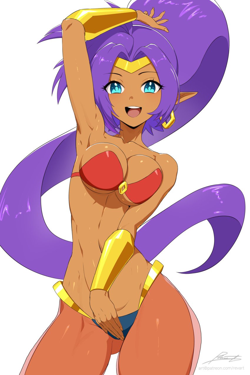 1girls 2020s 2024 absurdres bare_shoulders blue_eyes breasts cleavage collarbone dark-skinned_female dark_skin female female_only genie highres jpeg long_hair looking_at_viewer nintendo paid_reward_available patreon_username pointy_ears purple_hair revenantart see-through_clothing shantae shantae_(character) signature simple_background solo standing tiara very_long_hair white_background