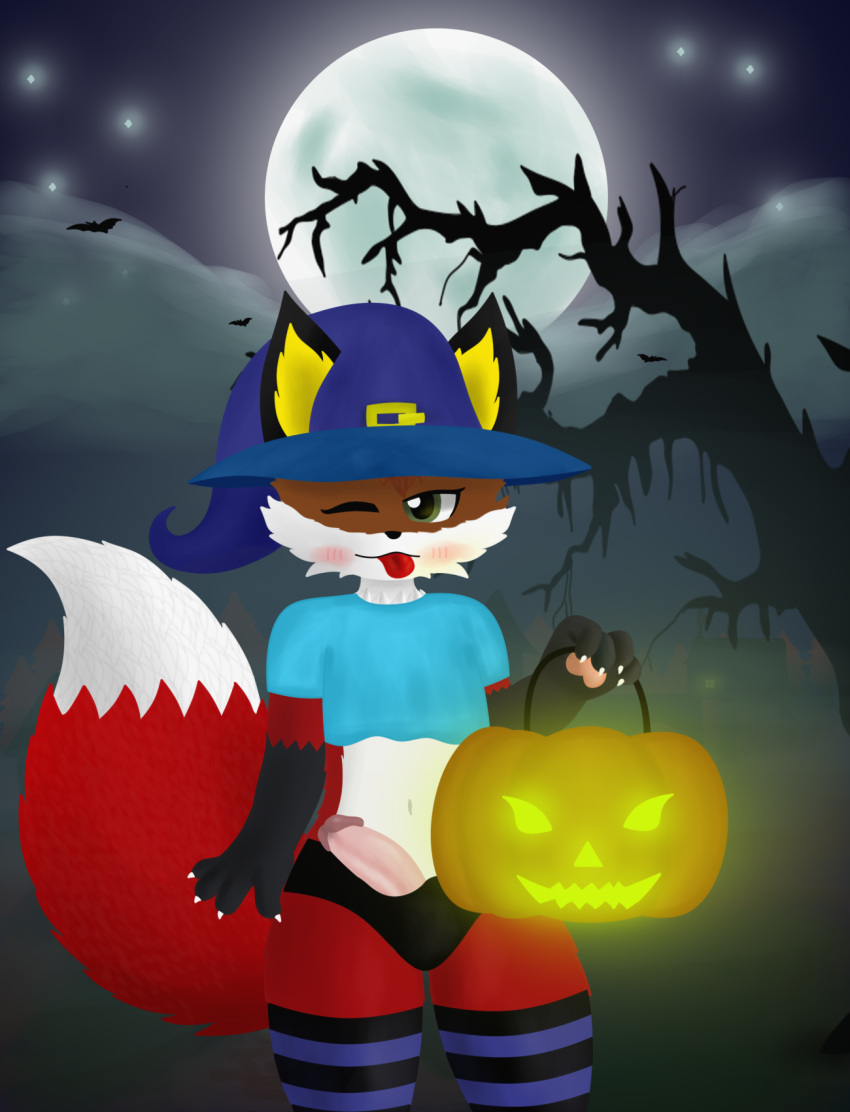 1:1 2023 anthro bat black_body black_ears black_fur blush bulge canid canine claws clothing cloud davy_(davyluiz) davyluiz detailed_background digital_media_(artwork) eyelashes fog food fox fruit fur genitals green_body green_eyes green_fur hair halloween hat headgear headwear hi_res holidays humanoid_genitalia humanoid_penis kemono legwear looking_at_viewer male mammal moon one_eye_closed pattern_clothing pattern_legwear pawpads paws penis plant pumpkin red_body red_fox red_fur shaded sky solo star striped_clothing striped_legwear stripes tail thigh_highs tongue tongue_out topwear tree true_fox underwear watermark white_body white_fur witch_hat yellow_ears