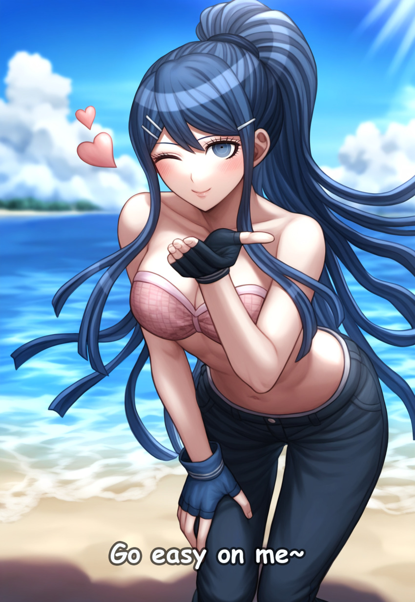 1girls ai_generated beach bent_over blowing_kiss danganronpa danganronpa:_trigger_happy_havoc english_text fingerless_gloves flirting hand_on_own_thigh heart high_ponytail highres lips looking_at_viewer maizono_sayaka makeup midriff nai_diffusion one_eye_closed pants pattern_clothing pink_bikini seductive_look seductive_smile stable_diffusion strapless text