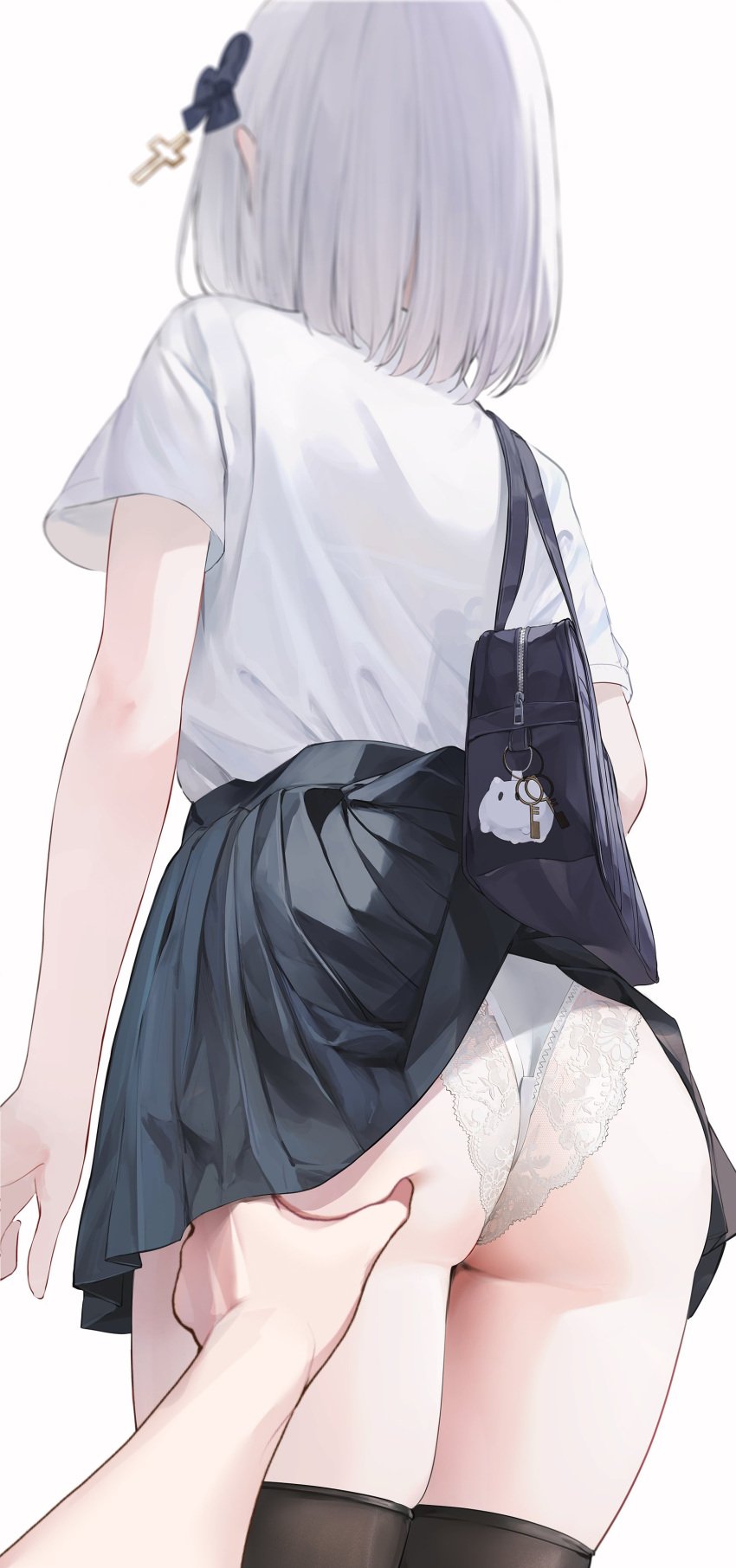 absurdres ass ass_focus ass_grab bag black_bag black_bow black_skirt black_thighhighs bow cheek_grabbing_material_(meme) cross_hair_ornament female from_behind from_below grabbing grey_hair hair_ornament hairbow highres kaga_sumire lace lace-trimmed_panties lace_trim lupinus_virtual_games meme nakashima_(pluscolor) panties pleated_skirt pov pov_cheek_grabbing_(meme) pov_hands school_bag school_uniform shirt short_hair short_sleeves simple_background skindentation skirt skirt_caught_on_object squeezing thighhighs underwear virtual_youtuber vspo! white_background white_panties white_shirt