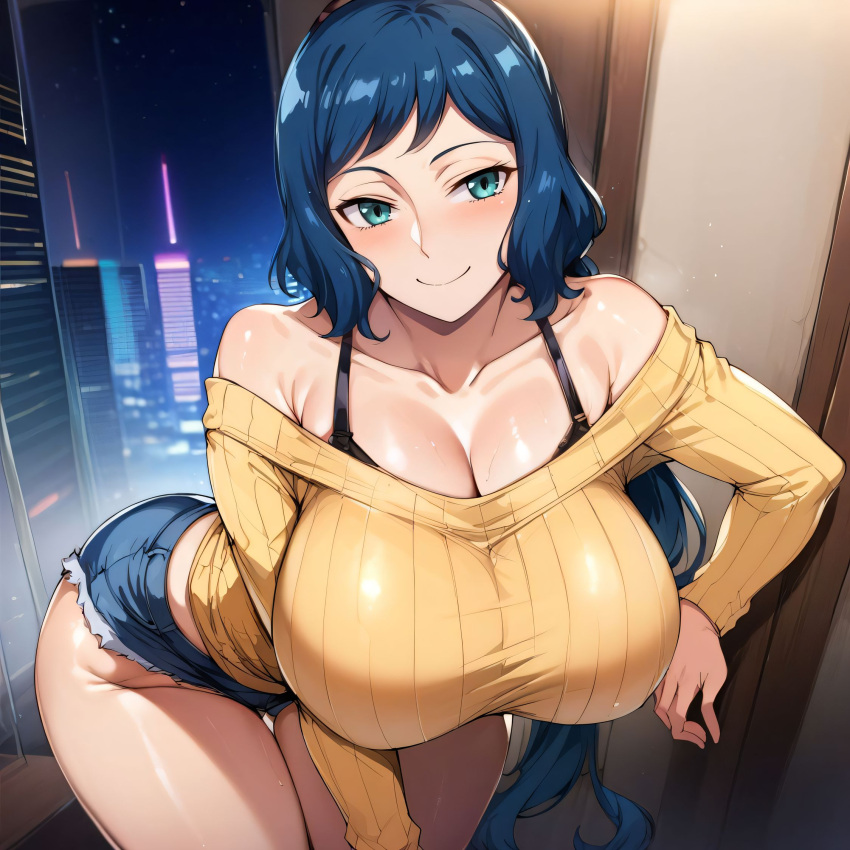 1girls ai_generated alternate_breast_size big_breasts bostin breasts busty curvaceous curvy curvy_body curvy_female curvy_figure female gundam_build_fighters huge_breasts iori_rinko large_breasts nipples off_shoulder sweat sweating sweaty sweaty_body sweaty_breasts thick_thighs thighs venus_body