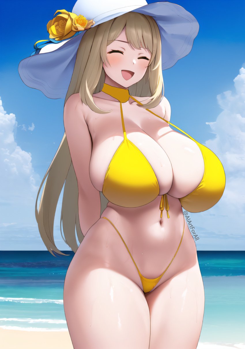 1girls ai_generated aiartforall arms_behind_back beach bikini blonde_hair blue_archive closed_eyes cowboy_shot hat huge_breasts large_breasts long_hair navel nonomi_(blue_archive) nonomi_(swimsuit)_(blue_archive) open_mouth skindentation solo thighs thong