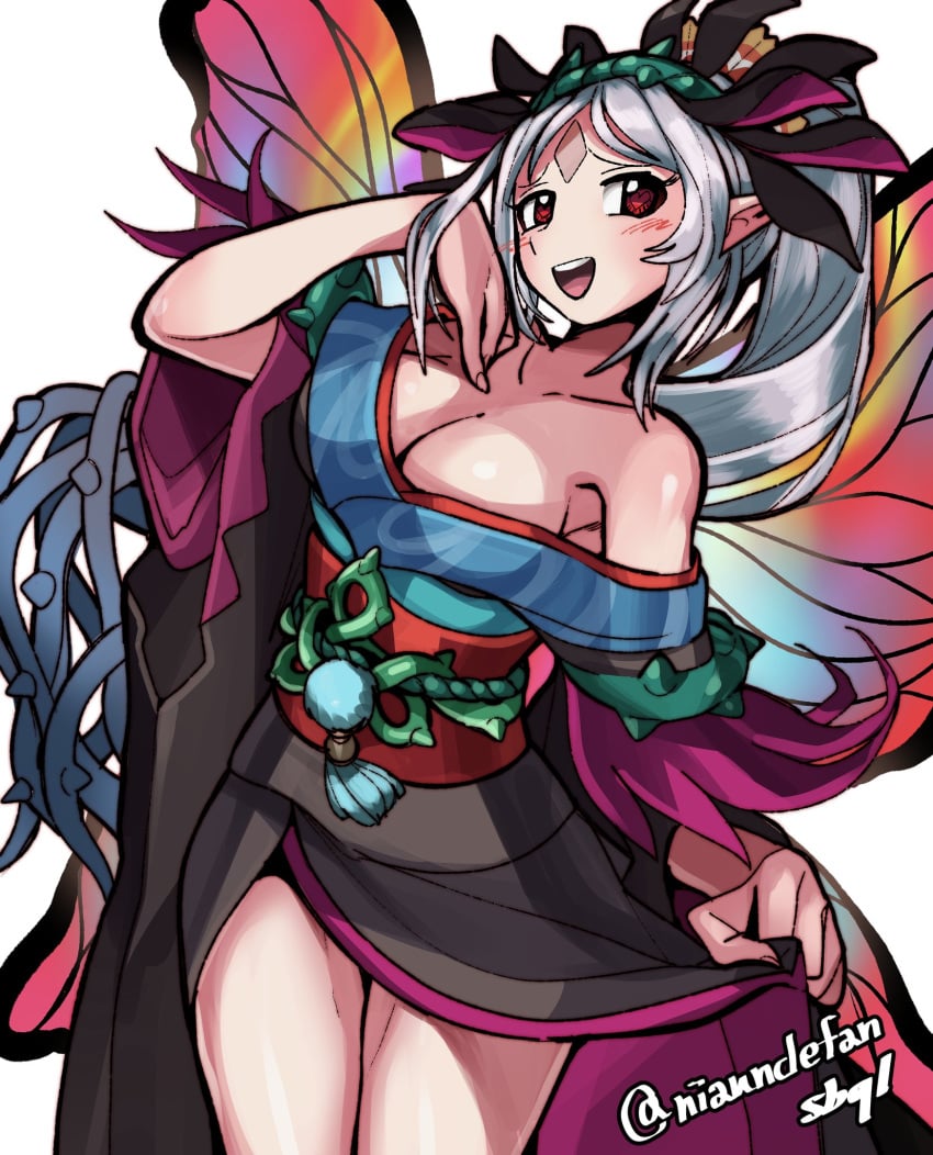 1girls alternate_costume armpits bare_shoulders black_kimono blue_kimono blush breasts butterfly_wings cleavage crown_of_thorns facial_mark fairy_wings female female female_only fire_emblem fire_emblem_heroes forehead_mark highres insect_wings japanese_clothes kimono large_breasts multicolored_clothes multicolored_kimono nintendo off_shoulder official_alternate_costume plumeria_(fire_emblem) plumeria_(new_year)_(fire_emblem) red_trim sbql_(niaunclefan) single_bare_shoulder smile solo thorns wings