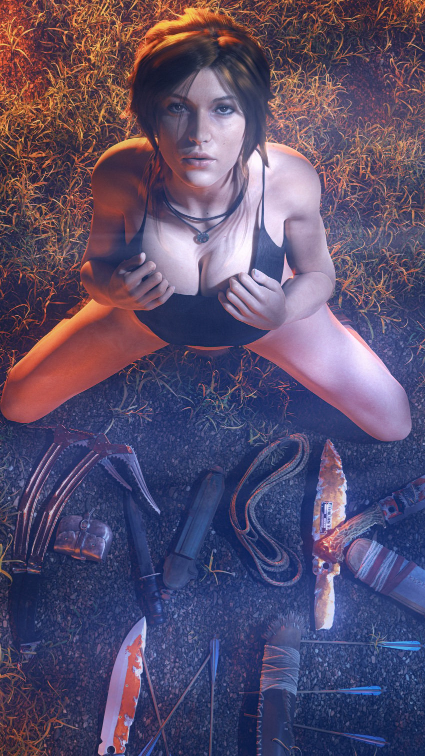 3d bottomless breasts brown_hair cleavage female kneeling lara_croft large_breasts legs looking_at_viewer looking_up necklace pressing_breasts_together pubic_hair short_hair solo son_umbasa tank_top tomb_raider