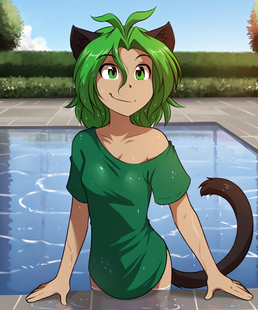 ai_generated baggy_shirt bottomless cat_ears cat_humanoid cat_tail catgirl female green_eyes green_hair grin happy karen_taverndatter pool smile solo stable_diffusion twokinds wet_hair wet_shirt