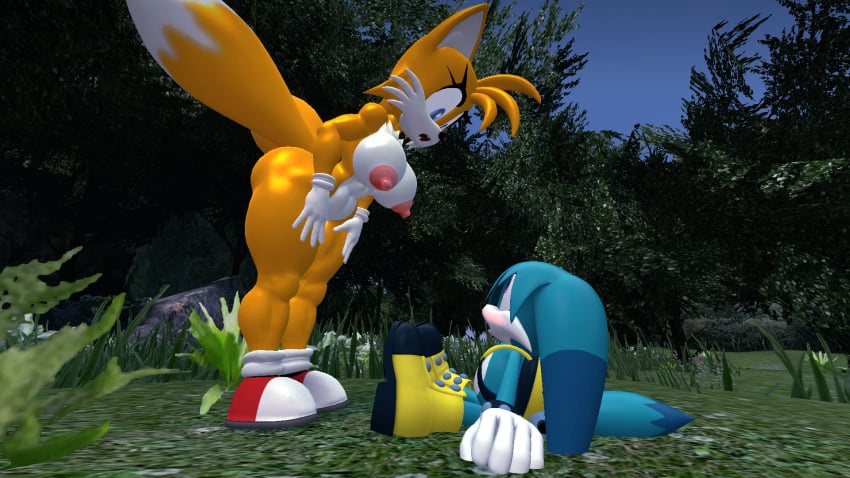 3d 3d_(artwork) age_difference big_breasts blush kitsunami_the_fennec medibirb miles_prower naked older_female rule_63 sonic_(series) tails tails_the_fox tailsko younger_male