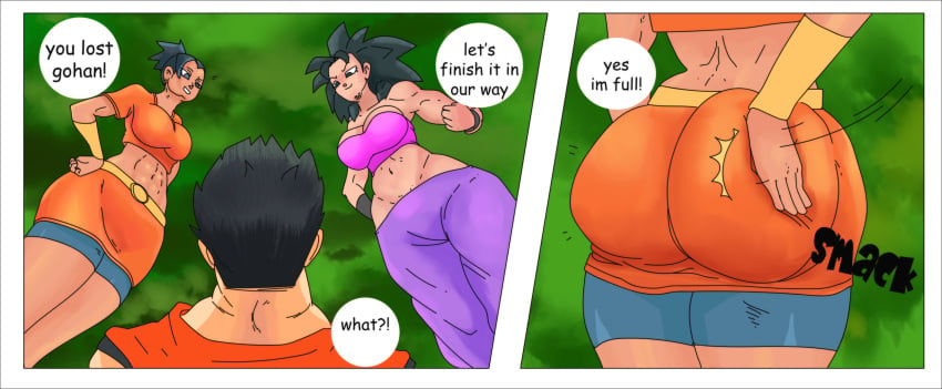 2girls 3girls caulifla comic dragon_ball dragon_ball_super english_text female kale male multiple_girls nightmarexbx son_gohan tagme text