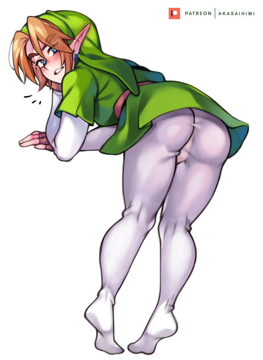 1boy akaihimi bent blush blush_lines bubble_ass bubble_butt bulge femboy gay link looking_at_viewer looking_back male male_only smile smiling smiling_at_viewer solo the_legend_of_zelda tight_clothing tight_pants tights white_background