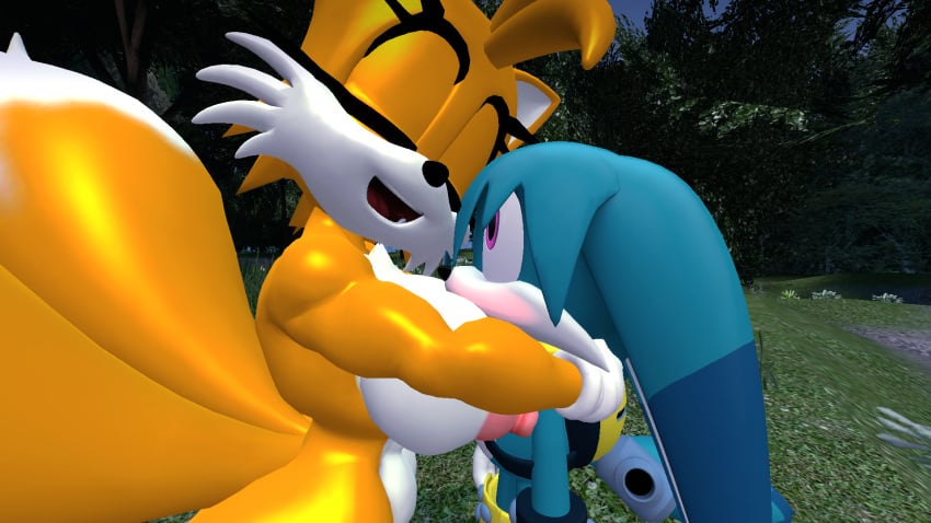 3d 3d_(artwork) big_breasts blush hugging kitsunami_the_fennec medibirb miles_prower naked older_female rule_63 sonic_(series) tails tails_the_fox tailsko younger_male