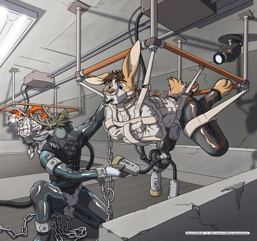 anthro bondage bondage bound camera deer duo gas_mask hi_res industrial_background kemira lagomorph leporid machine male male/male mammal mask milking_machine muzzle_(object) questionable_consent rabbit restraints straitjacket