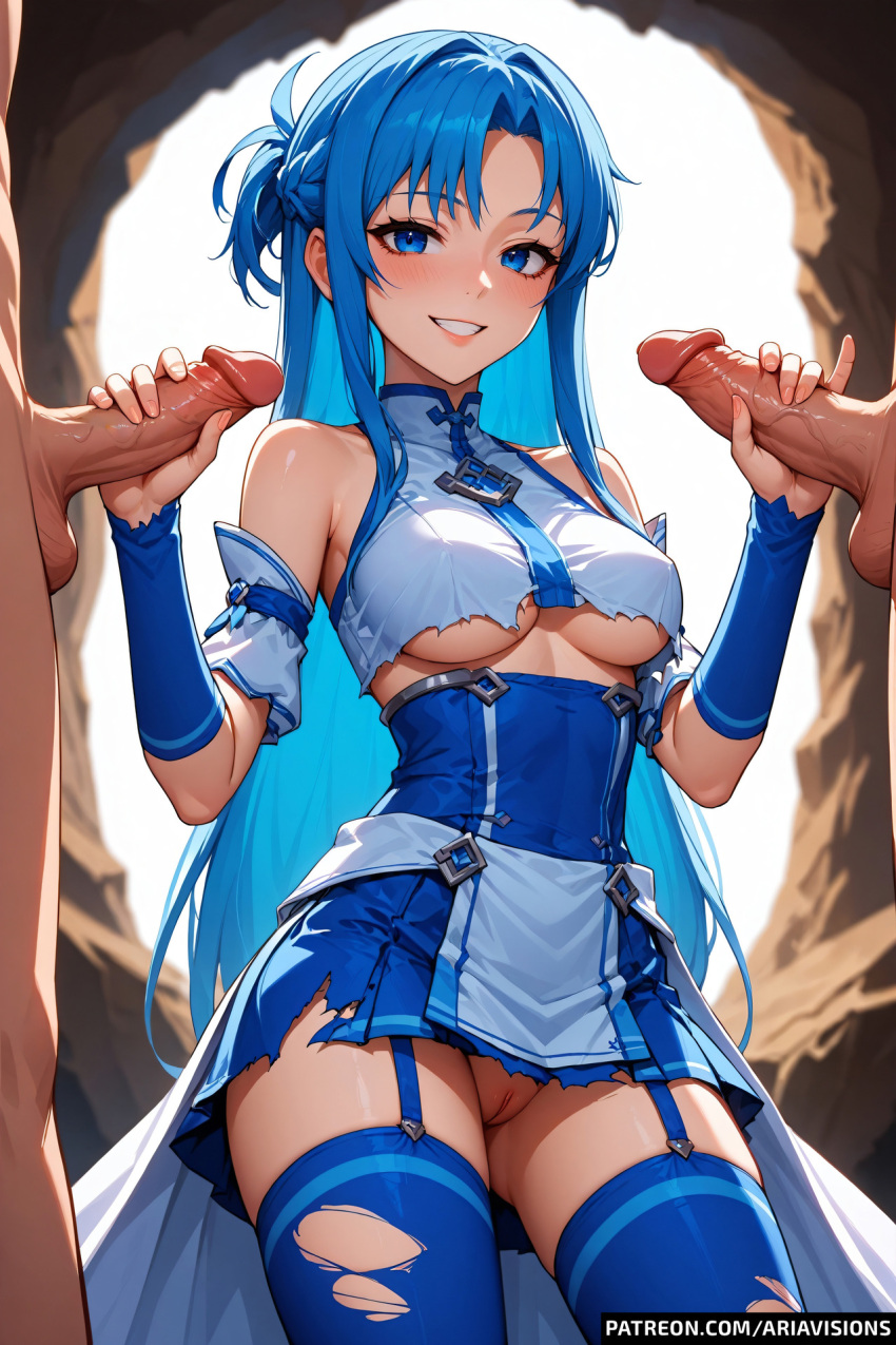 ai_generated ariavisions blue_eyes blue_hair double_handjob grin pussy sword_art_online yuuki_asuna