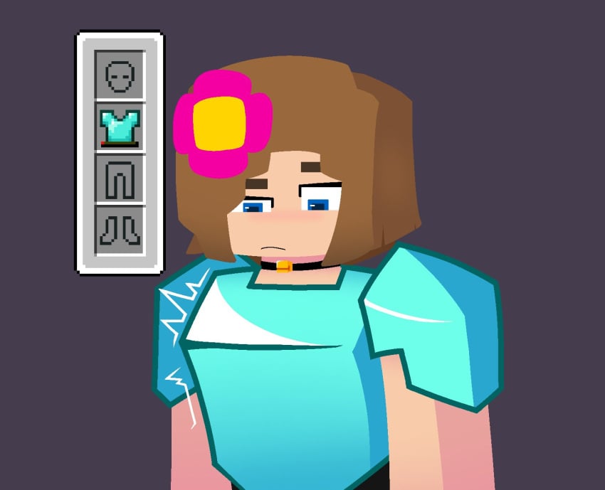 armor black_background blue_eyes brown_hair closed_mouth clothed clothed_female female female_only flower flower_in_hair human human_only jenny_belle_(slipperyt) light_skin light_skinned light_skinned_female looking_at_breasts looking_down minecraft short_hair solo solo_female tagme