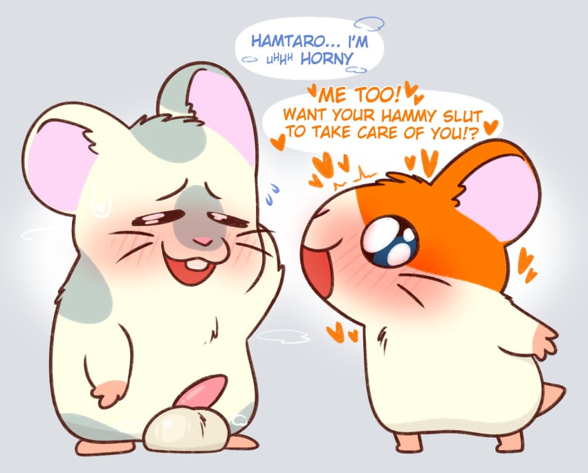 balls crushpepper english_text erection genitals hamtaro hamtaro_(series) heart_above_head hi_res male male/male non-human non-human_only oxnard_(hamtaro) speech_bubble tagme text toony