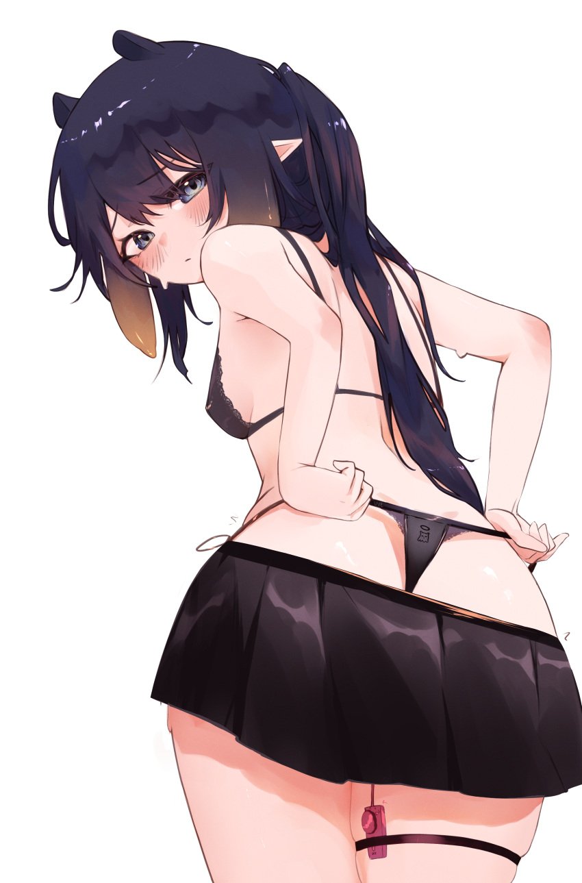 absurdres adjusting_clothes adjusting_panties alternate_costume alternate_hairstyle anus anus_peek ass bare_arms black_bra black_hair black_panties black_skirt blue_eyes blush bra breasts closed_mouth commentary english_commentary female from_behind from_below gradient_hair highres hololive hololive_english long_hair looking_at_viewer looking_back multicolored_hair ninomae_ina'nis orange_hair panties pointy_ears purple_hair sex_toy simple_background skirt small_breasts solo tentacle_hair thigh_gap thigh_strap thong underwear uve vibrator vibrator_in_thigh_strap virtual_youtuber white_background