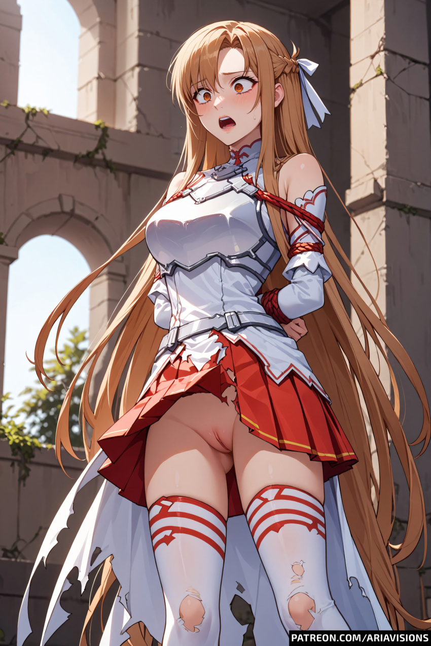 ai_generated ariavisions bondage brown_eyes brown_hair no_panties pussy surprised sword_art_online tied_up torn_clothes yuuki_asuna