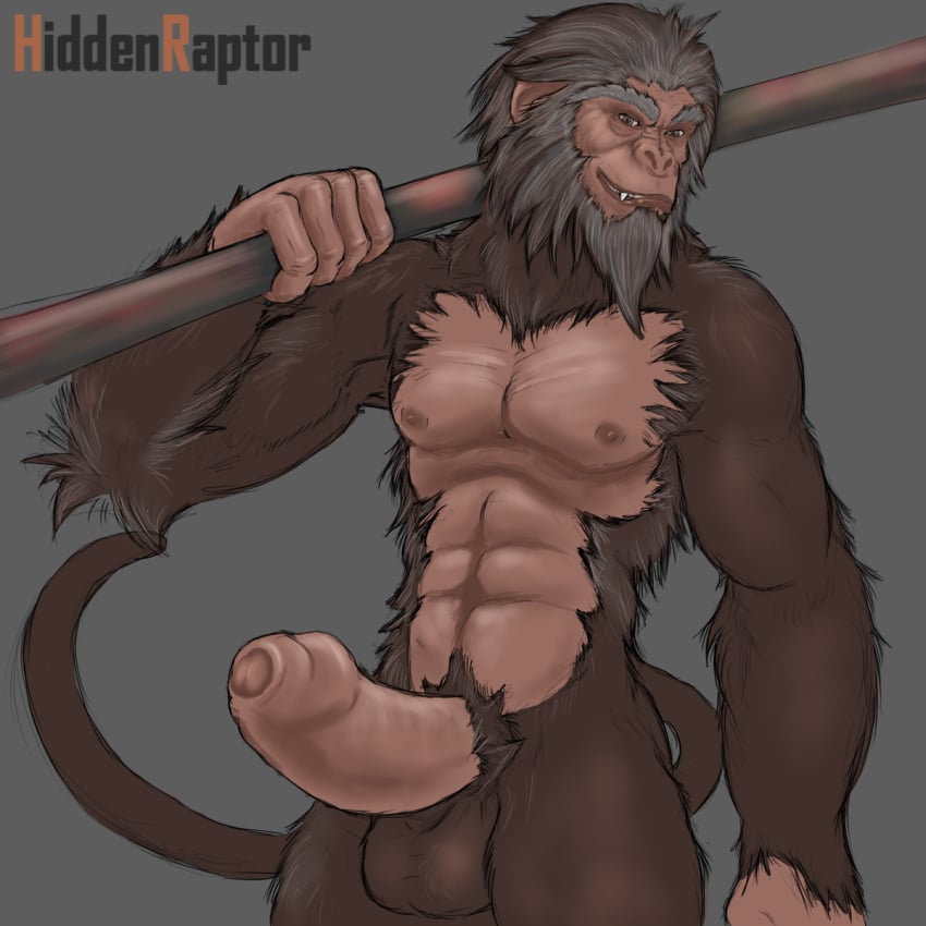 abs anthro anthroraptor balls beard boner erection facial_hair foreskin genitals haplorhine hi_res humanoid_genitalia humanoid_penis journey_to_the_west male male_only mammal mature_male monkey nipples nude pecs penis primate solo staff sun_wukong