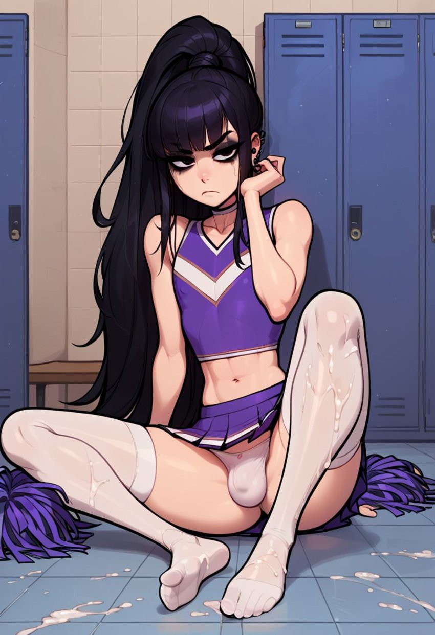 after_footjob ai_generated annoyed black_hair bulge bulge_through_clothing cheerleader cheerleader_uniform crossdressing cum_on_feet cum_on_floor cum_on_legs earrings femboy goth goth_makeup locker_room male noredeemingvalue pom_poms ponytail purple_skirt purple_topwear thighhighs white_panties white_stockings