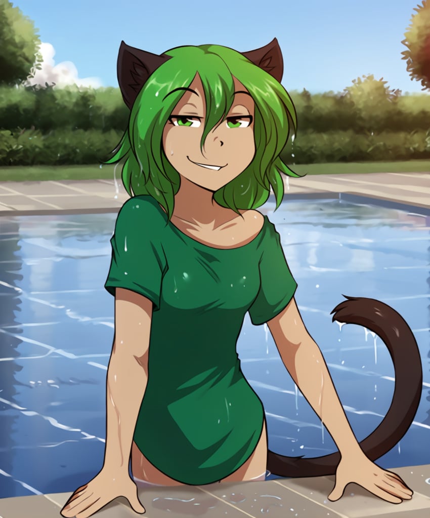 ai_generated baggy_shirt bottomless cat_ears cat_humanoid cat_tail catgirl female green_eyes green_hair grin karen_taverndatter pool smug stable_diffusion twokinds wet_hair wet_shirt