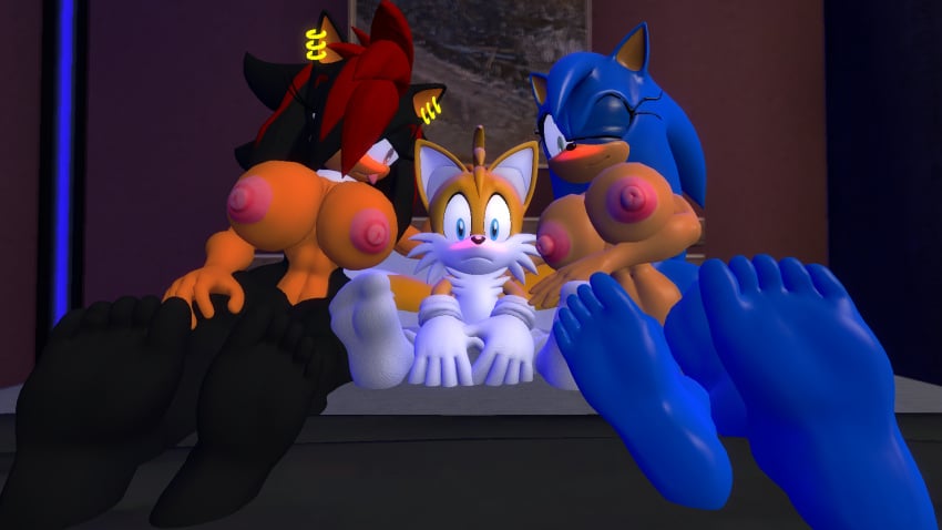 3d 3d_(artwork) age_difference big_breasts blush feet for_free_tho? grippers medibirb naked nervous rule_63 shade_the_hedgehog shadow_the_hedgehog smile sonic_(series) sonic_the_hedgehog tails tails_the_fox teasing tongue_out younger_male