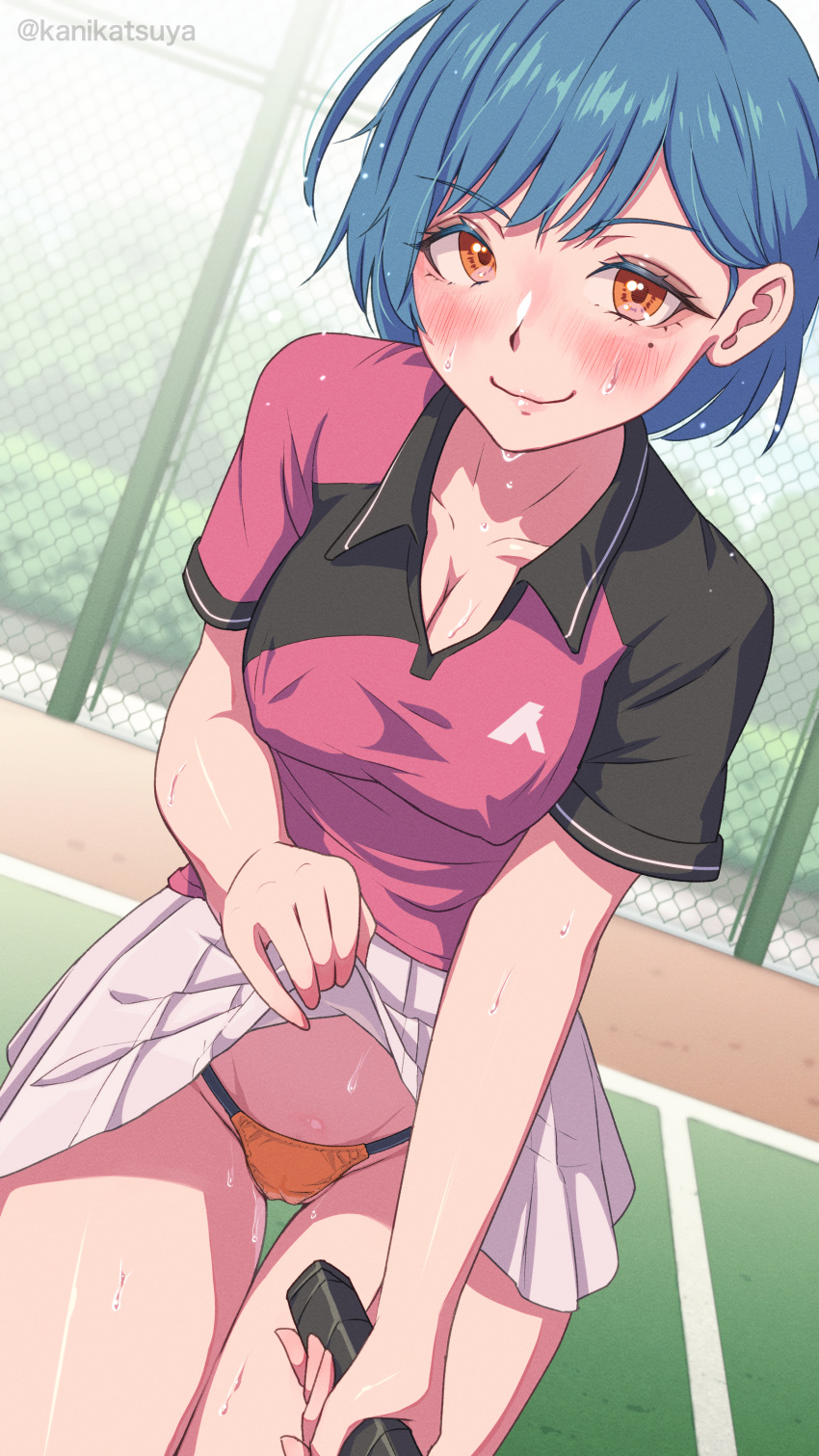 absurdres blue_hair blush closed_mouth clothes_lift collared_shirt commentary_request cowboy_shot female highres holding holding_racket holding_tennis_racket kanikatsuya lifting_own_clothes looking_at_viewer mole mole_under_eye orange_eyes orange_panties original outdoors panties racket red_shirt shirt shirt_lift short_hair short_sleeves skirt smile solo sportswear standing sweat tennis_court tennis_racket tennis_uniform underwear white_skirt