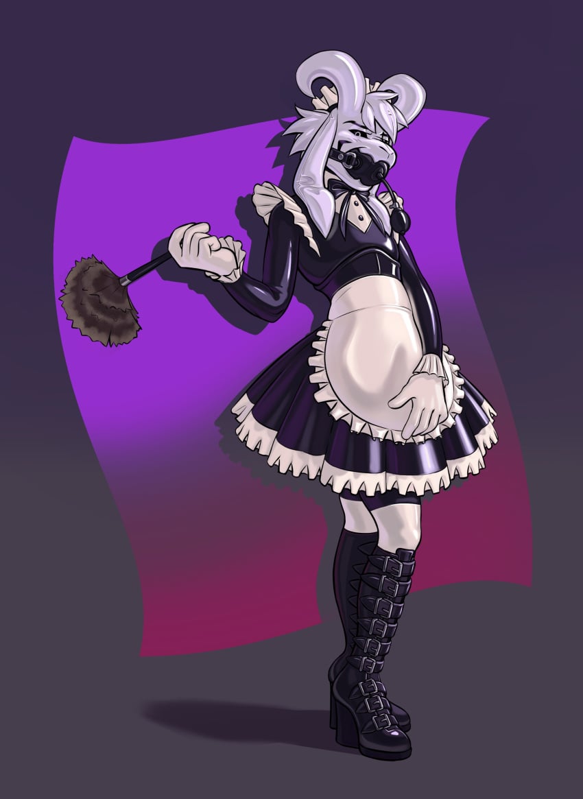 2024 2_horns absurd_res anthro asriel asriel_dreemurr asriel_dreemurr_(god_form) ball_gag biped bovid caprine clothing curved_horn gag goat hi_res horn maid maid_dress maid_outfit maid_uniform male mammal owy slim_anthro slim_sub solo standing submissive submissive_anthro submissive_male undertale undertale_(series) uniform