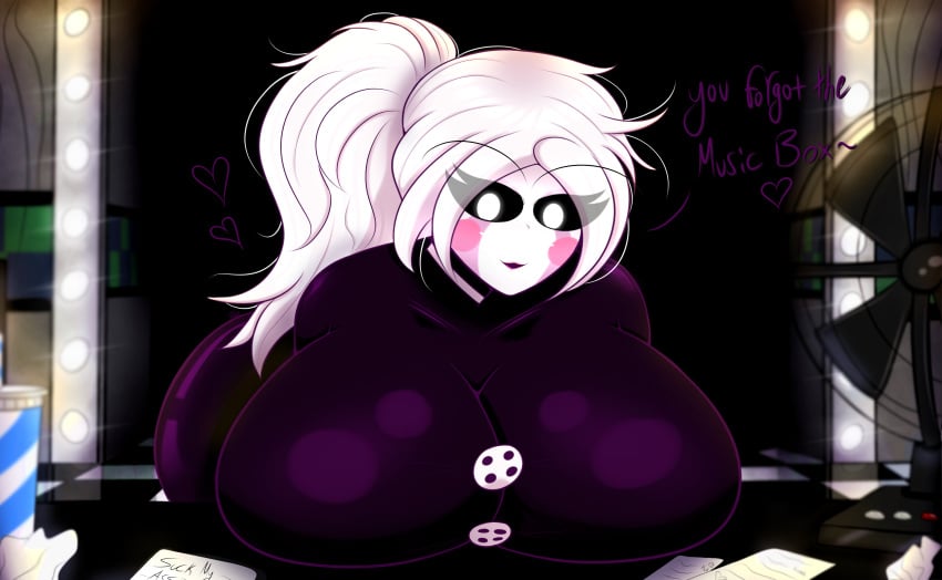 4k bent_over bent_over_desk big_breasts breasts breasts_bigger_than_head breasts_squeezed_together female five_nights_at_freddy's five_nights_at_freddy's_2 five_nights_in_anime gothtrishy hi_res highres huge_breasts makeup marionette_(fnaf) ponytail puppet_(fnaf) squished_breasts text white_eyes white_hair