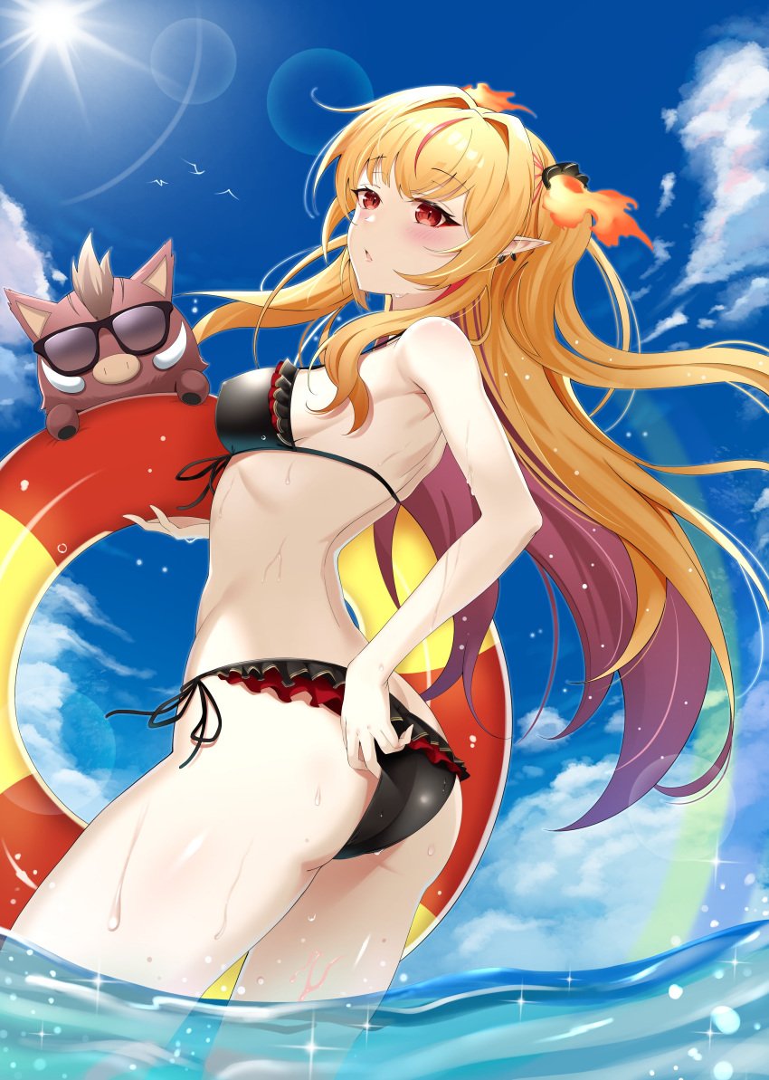 1girls 2d 2d_(artwork) bikini bikini_bottom bikini_top black_bikini black_bikini_bottom black_bikini_top blonde_hair bra clouds day eternals_(idol_corp) female female_focus female_only high_resolution highres idol_corp idol_es jaal latam_virtual_youtuber light-skinned_female light_skin long_hair ocean outdoors pointy_ears red_eyes red_hair ruby_runeheart side_view sky slim_girl solo solo_female solo_focus standing standing_in_water summer sun sunglasses sunlight swimsuit thong thong_bikini two_piece_swimsuit two_tone_hair virtual_youtuber vtuber vtuberfanart water wet wet_body young younger_female