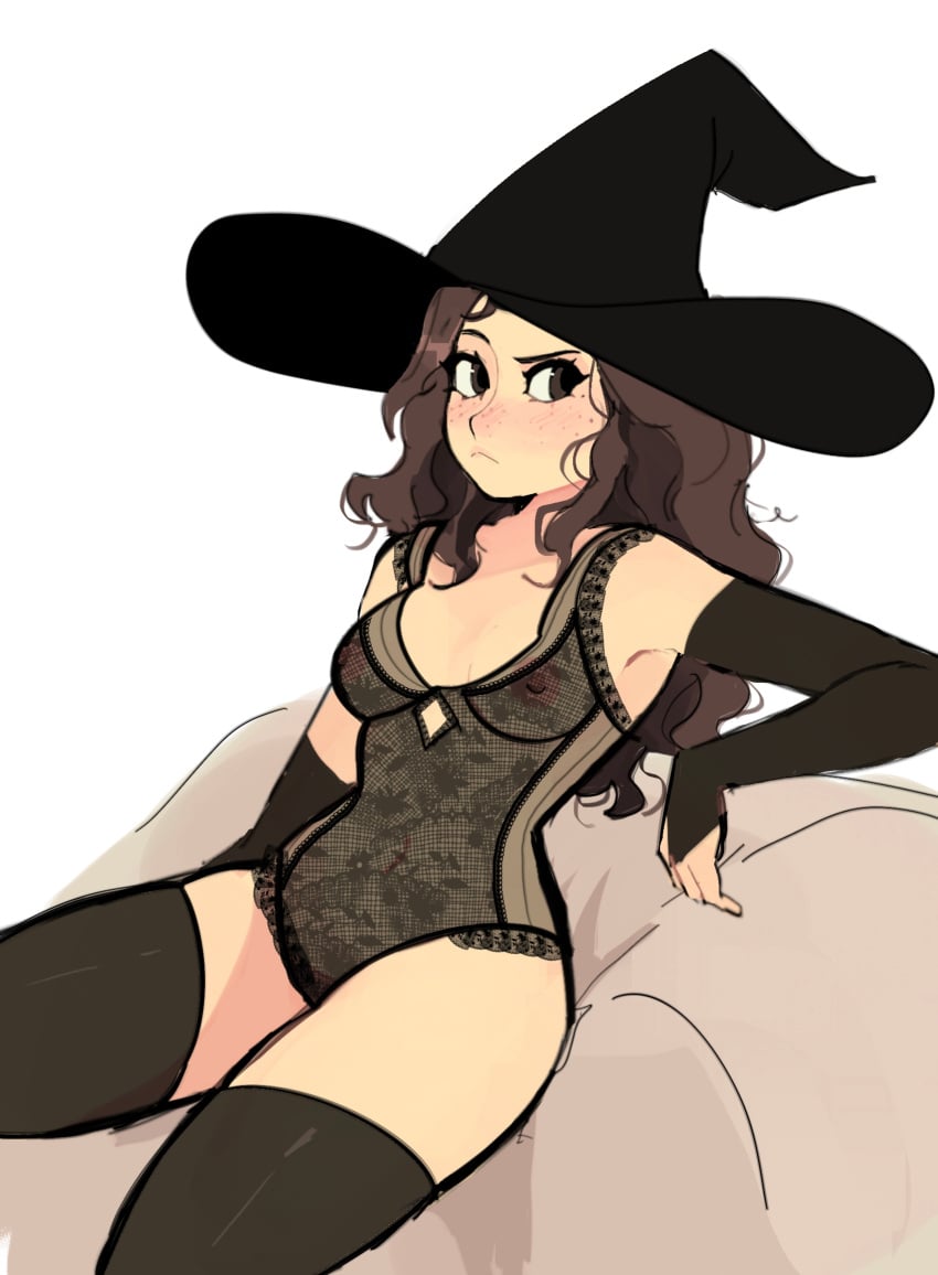 1girls breasts brown_hair color female fingerless_gloves hexia_(miaormoa) messy_hair miaormoa(artist) oc original semi-transparent solo thighhighs witch_hat