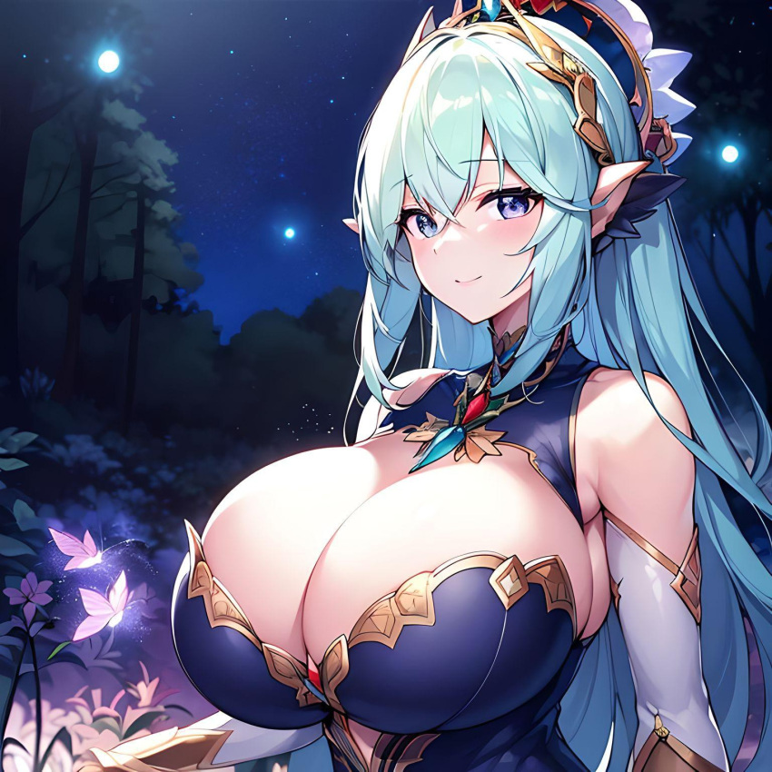 ai_generated blue_hair breasts_bigger_than_head cleavage forrest gigantic_breasts massive_breasts white_skin