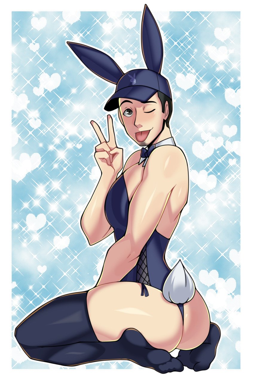 ass ass_focus baseball_cap bunny_ears bunnysuit definetelyyuu feet iamyuu iori_junpei junpei_iori male_only males_only p3 persona_3 persona_3_reload solo_male tongue_out winking_at_viewer yuunsfw