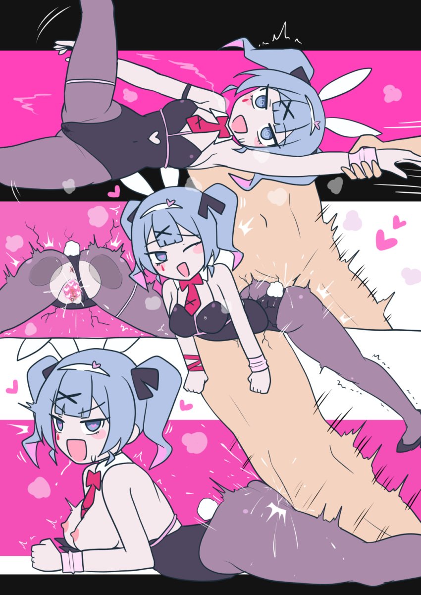 1boy animal_ears black_pantyhose blue_eyes blue_hair blunt_bangs breasts channel_(_caststation)_(style) detached_collar female hatsune_miku heart heart-shaped_pupils highres large_breasts long_hair lying necktie on_stomach pantyhose pink_background playboy_bunny prone_bone rabbit_ears rabbit_hole_(vocaloid) rabbit_tail sex sex_from_behind simple_background straight symbol-shaped_pupils tail twintails vocaloid white_background yunshih