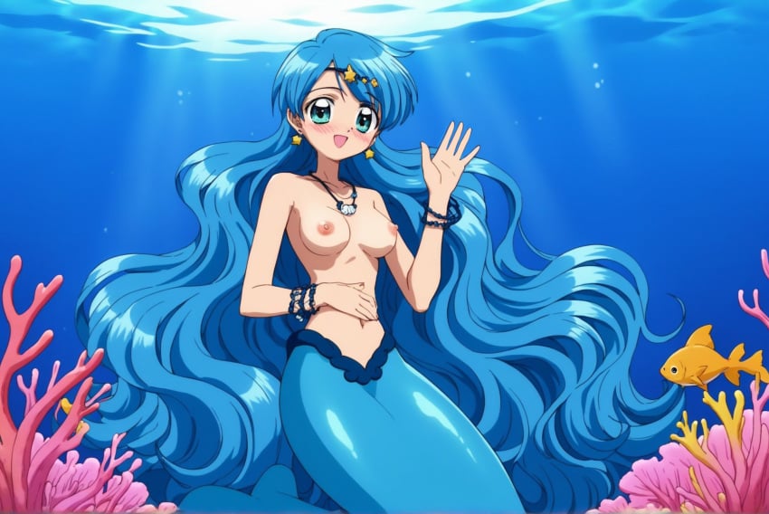 ai_generated blue_eyes blue_hair blush breasts hanon_hosho looking_at_viewer mermaid mermaid_melody_pichi_pichi_pitch open-mouth_smile topless underwater waving_at_viewer