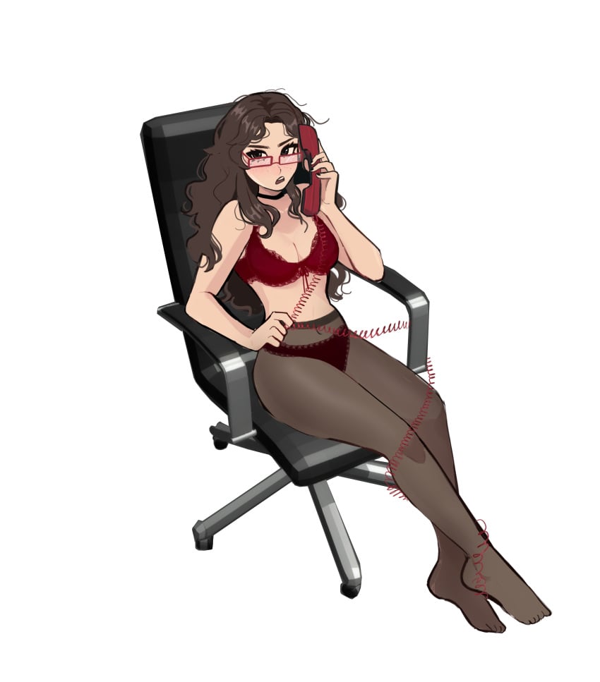 breasts chocker color female hexia_(miaormoa) jpeg looking_at_viewer messy_hair miaormoa(artist) office_chair on_the_phone original red_bra red_panties see-through_stockings sitting talking thighhighs