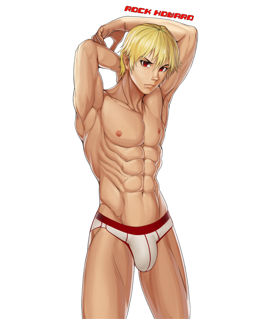 1boy abs blonde_hair blush bulge king_of_fighters llost male male_only muscular_male red_eyes rock_howard snk solo solo_male