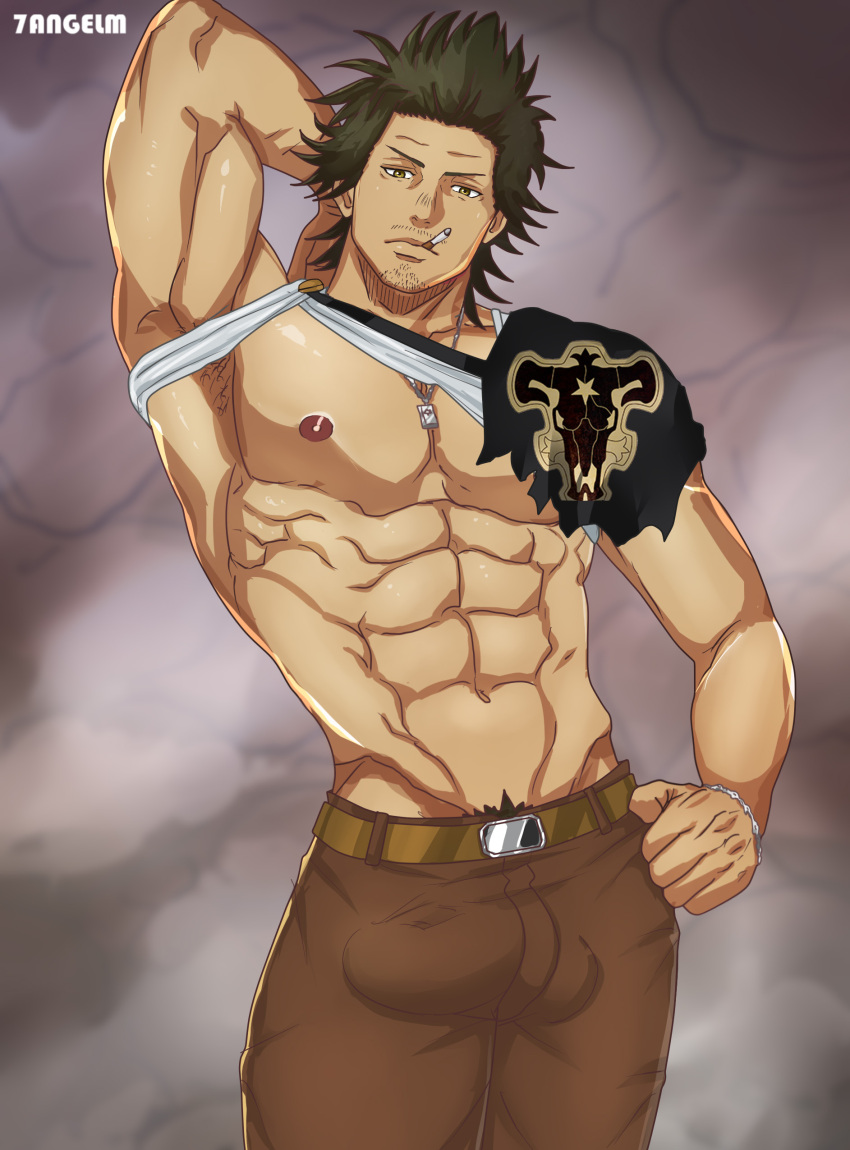 1boy 7angelm bara beard_stubble biceps big_bulge black_clover bulge clothing male male_nipples male_only muscular_male nipples pecs penis_outline tight_clothing yami_sukehiro