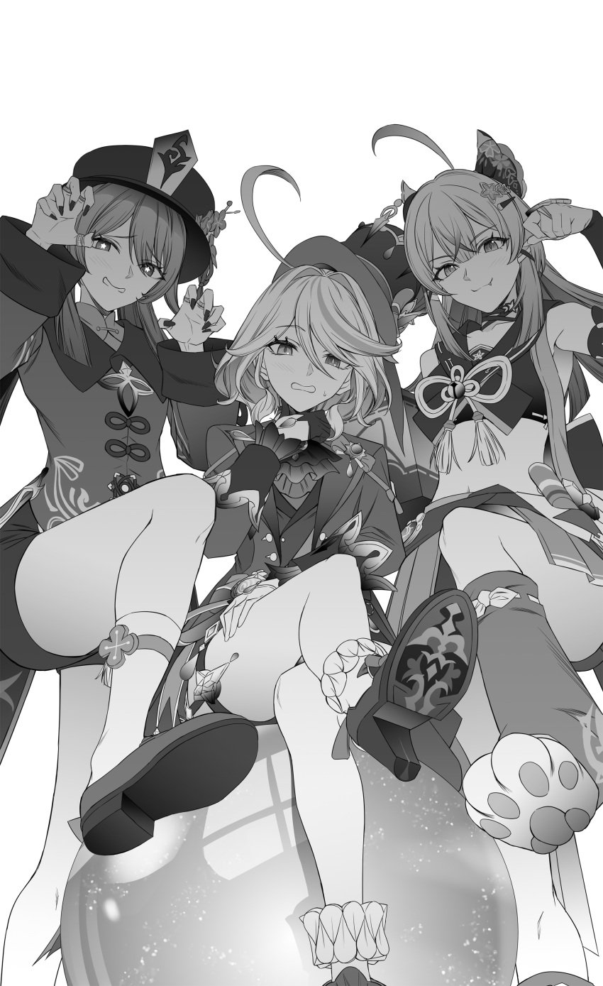 3girls ahoge animal_ears bare_shoulders black_nails blush breasts cat_ears catgirl clothed clothing crossed_legs detached_sleeves dominant_female feet female female_only femdom from_below furina_(genshin_impact) genshin_impact gloves hair hair_between_eyes hair_ornament hairclip hat hu_tao_(genshin_impact) jacket jewelry kirara_(genshin_impact) leg_up legwear long_hair looking_at_viewer miniskirt monochrome multiple_girls one_leg_up pleated_skirt ring shirt shoes short_shorts shorts sidelocks simple_background sitting skirt small_breasts smile smug socks standing standing_on_one_leg sweatdrop symbol-shaped_pupils takai_isshiki thick_thighs thighs twintails white_background wide_hips