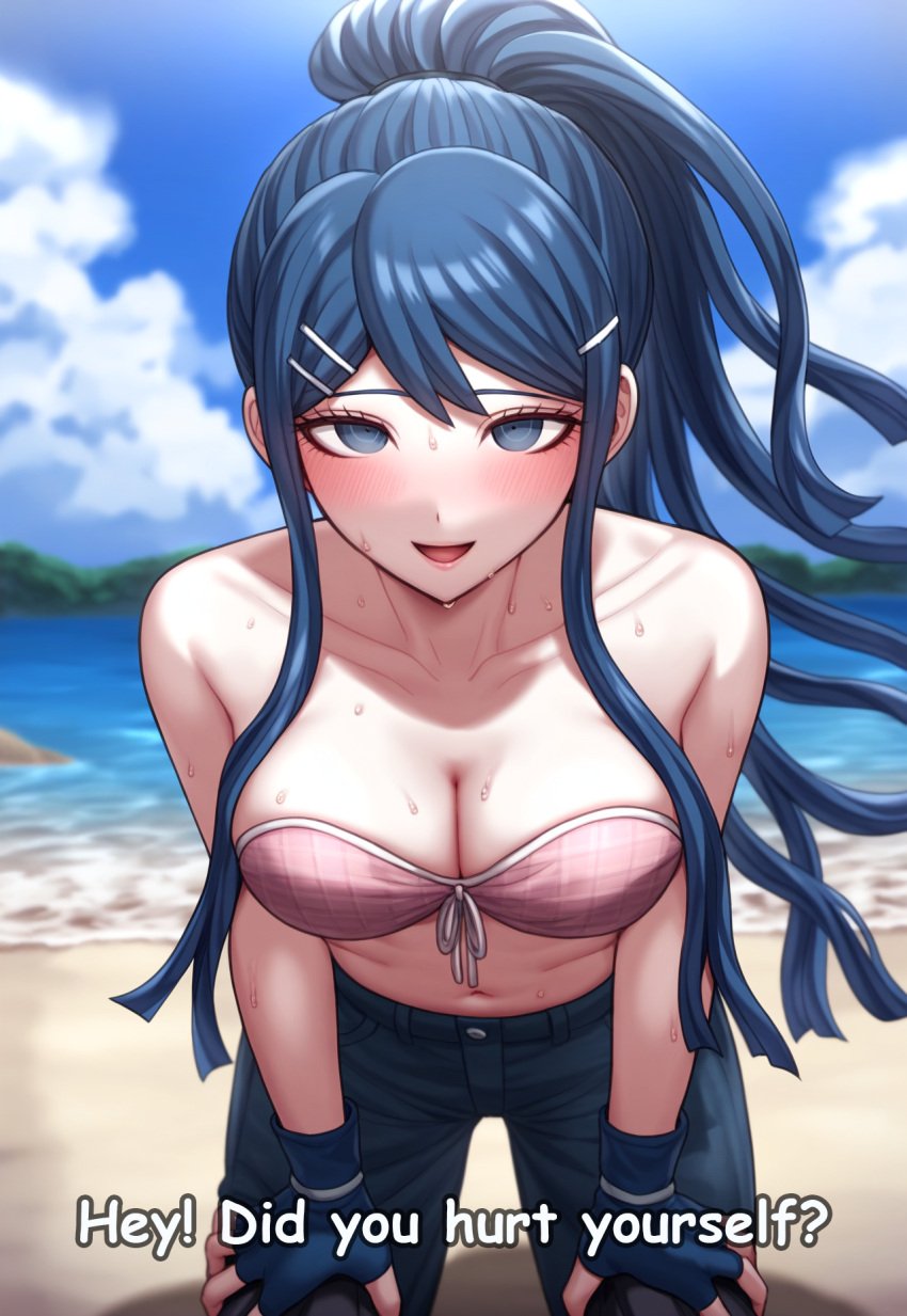 1girls ai_generated beach bent_over danganronpa danganronpa:_trigger_happy_havoc english_text fingerless_gloves flirting hands_on_own_thigh high_ponytail highres lips looking_at_viewer maizono_sayaka makeup midriff nai_diffusion pants pattern_clothing pink_bikini seductive_look seductive_smile stable_diffusion standing strapless text